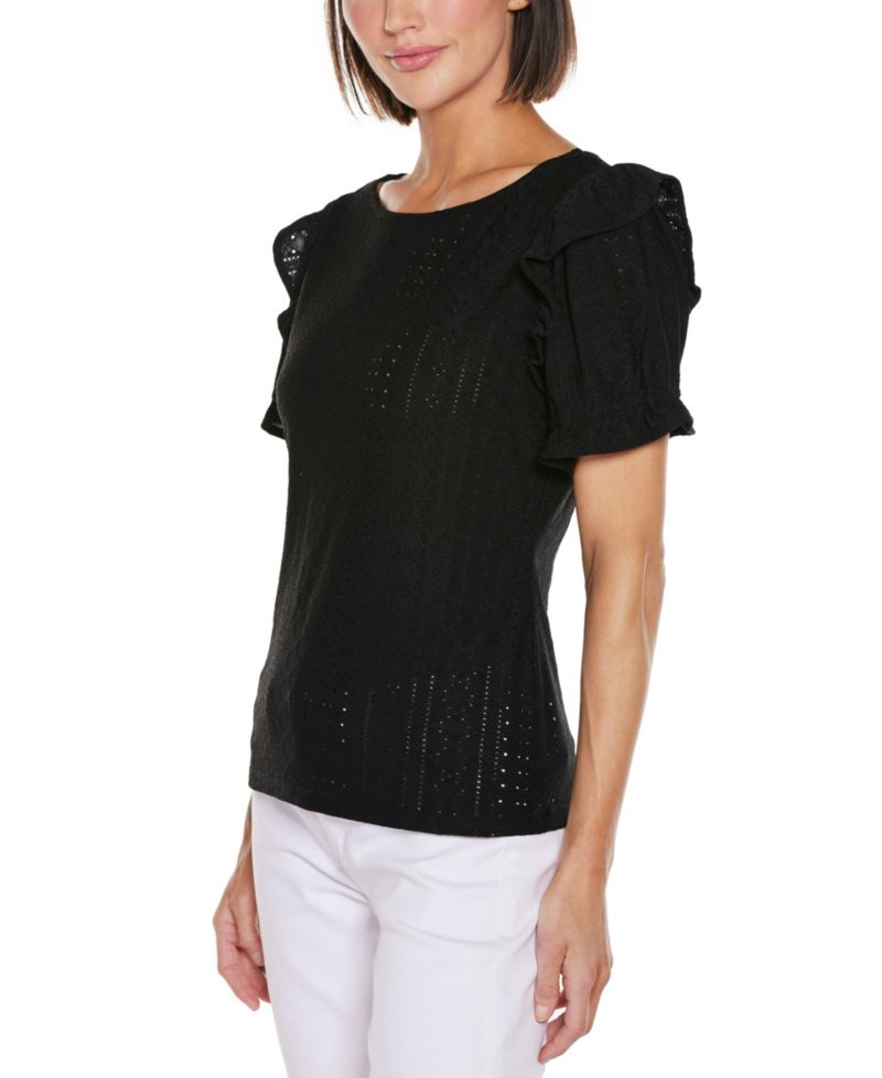 Women's Knit Eyelet Ruffle Sleeve Top