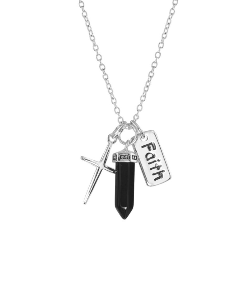 Black Agate Stone Charm Necklace in Fine Silver Plated Brass