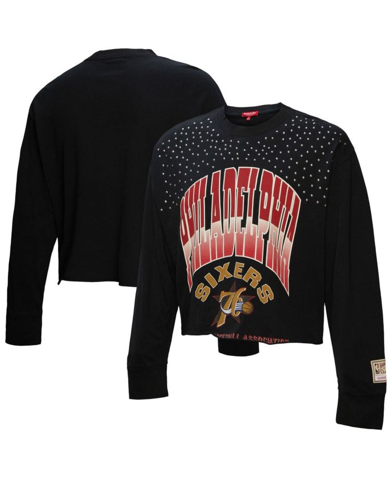 Women's Black Philadelphia 76ers Hardwood Classics Studded Boxy Cropped Long Sleeve T-Shirt