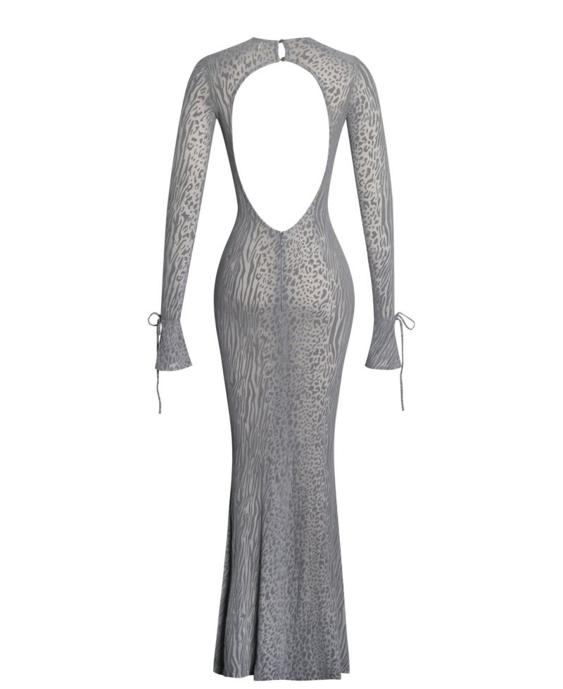 Women Waylynn Gray Animal Print Burnout Velvet Detail Mesh Backless Maxi Dress