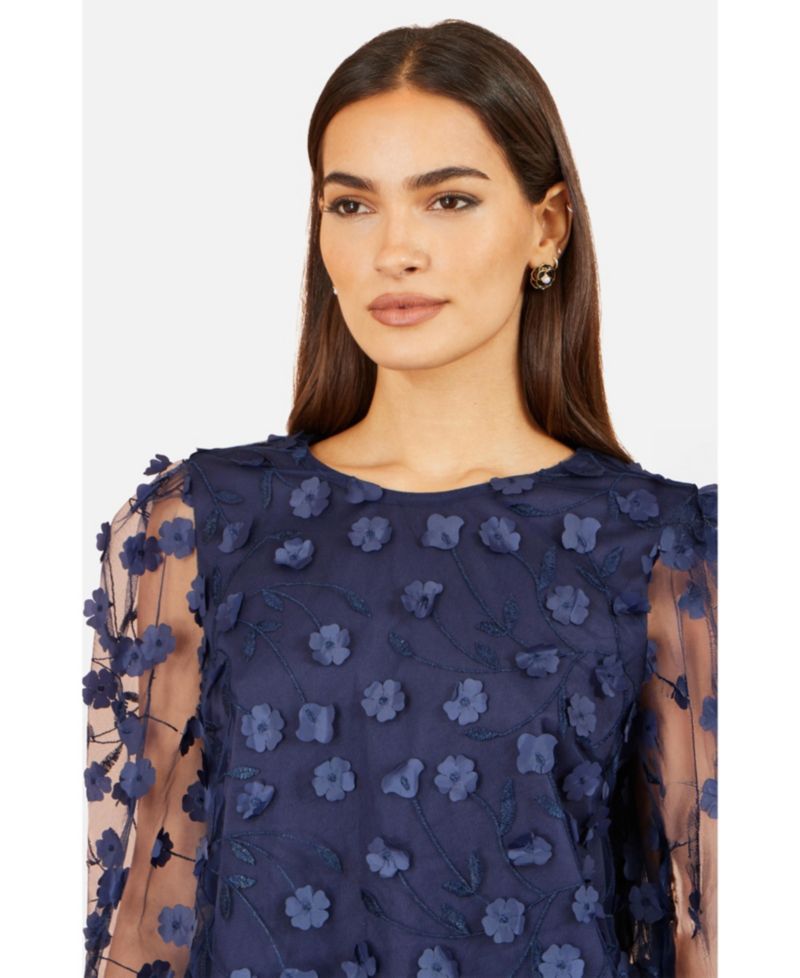 Women's Sheer Sleeve Applique Flower Top