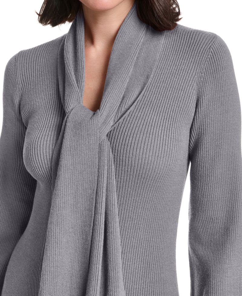 Women's Long-Sleeve Midi Attached Scarf Sweater Dress