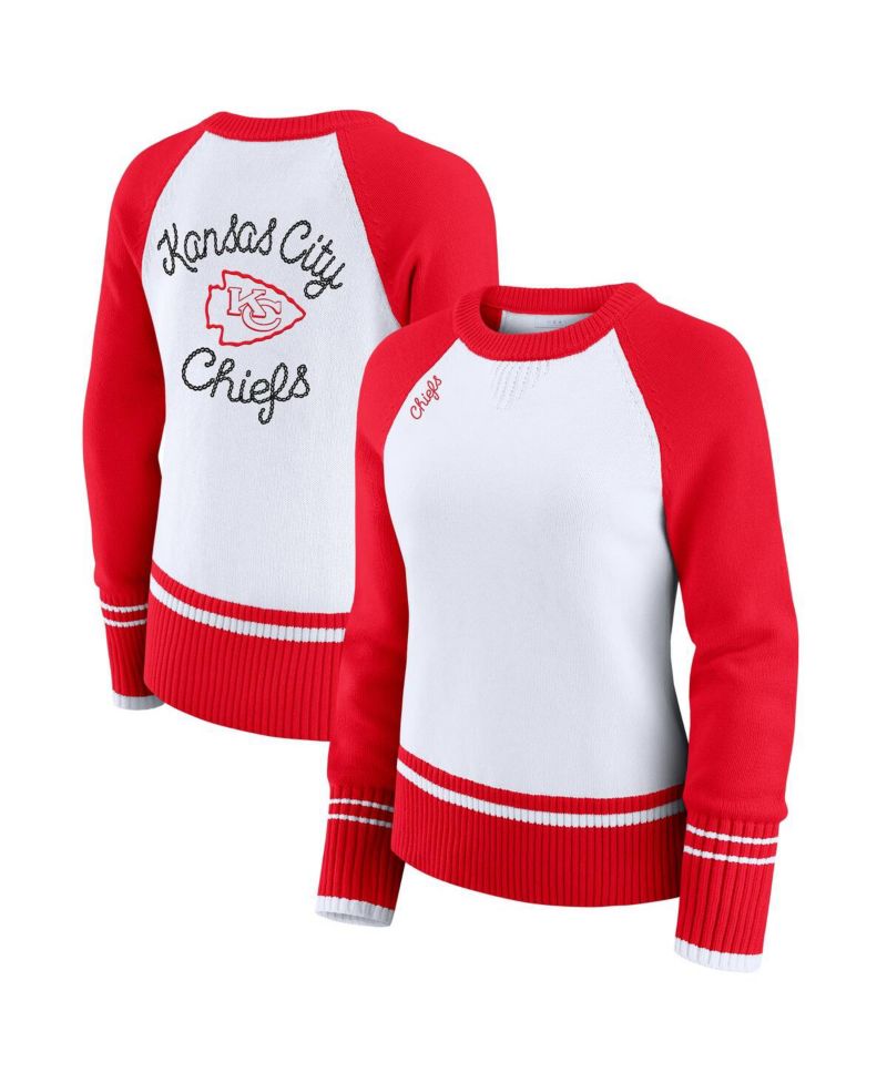 Women's White/Red Kansas City Chiefs Color Block Raglan Sweater