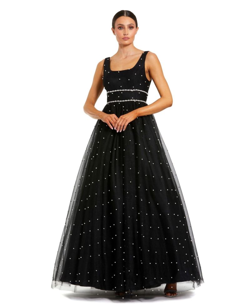 Women's Pearl Embellished Tulle Sleeveless Ballgown