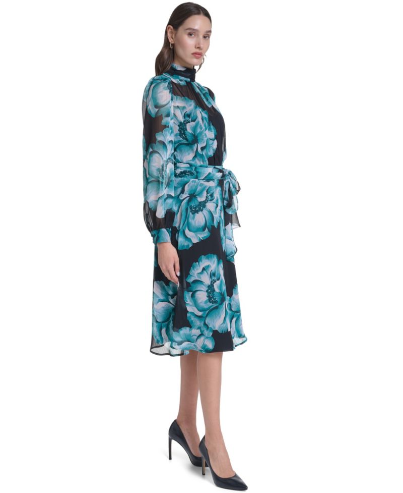 Petite Wedding Guest Floral-Print Long-Sleeve Chiffon Midi Dress