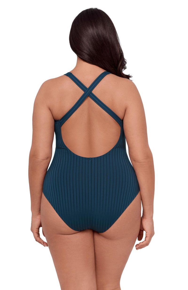 Women's Smoothing and Sculpting Ribbed Scoop-Neck Crossback One-Piece Swimsuit