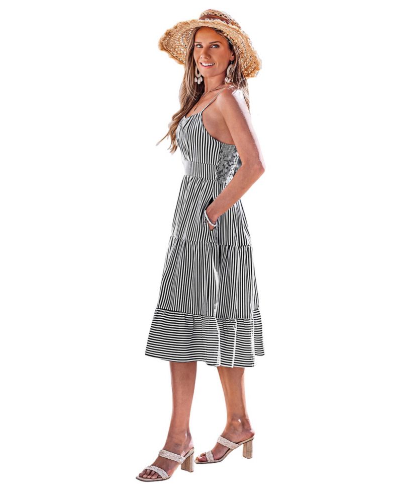 Women's Vertical-Stripe Spaghetti-Strap Tiered Midi Dress