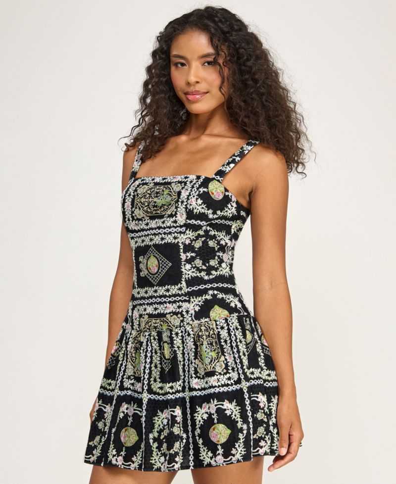 Juniors' Printed Square Neck Eyelet Drop Waist Short Dress
