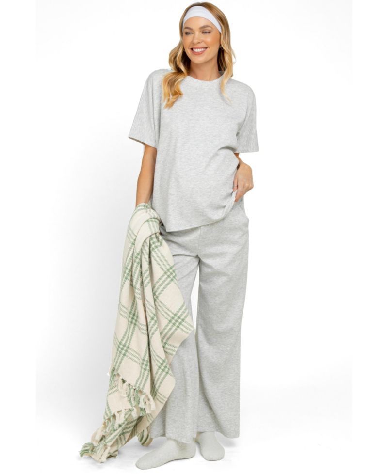 Women's Heather Grey Curved Hem Tee Pants Lounge Set