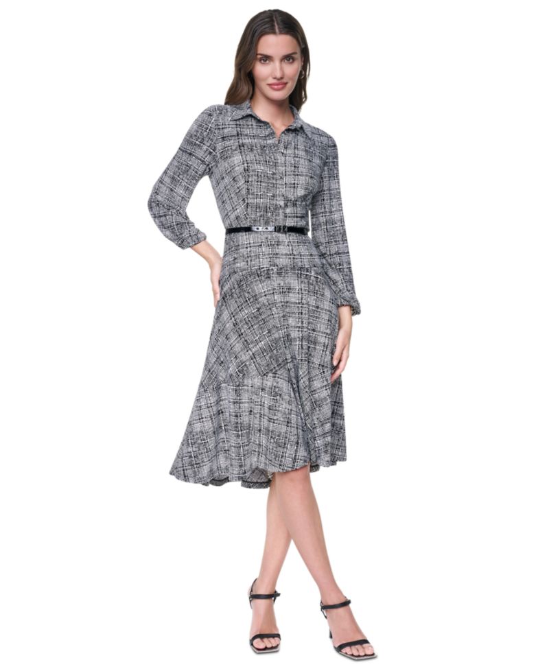 Women's Long Balloon-Sleeve High-Low-Hem Printed Shirt Dress