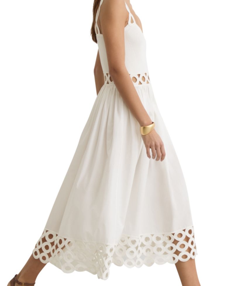 Women's Rib-Knit Woven Mix Cut-Out Midi Dress