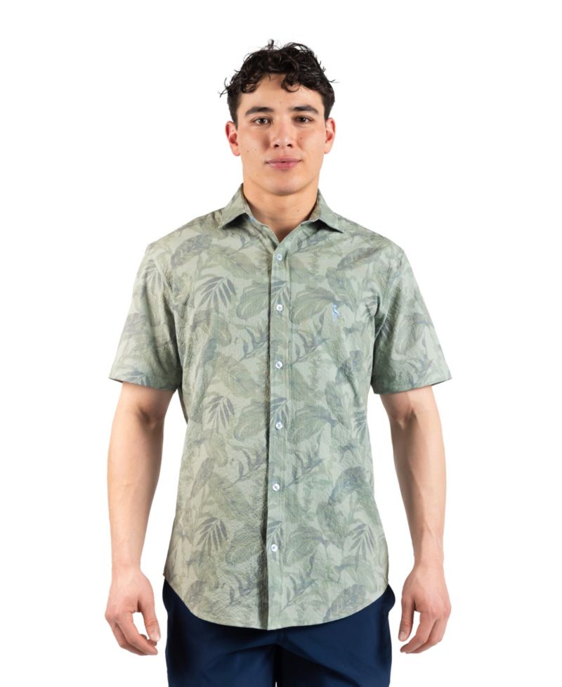 Men's Tropical Leaves Printed Seersucker Short Sleeve Shirt