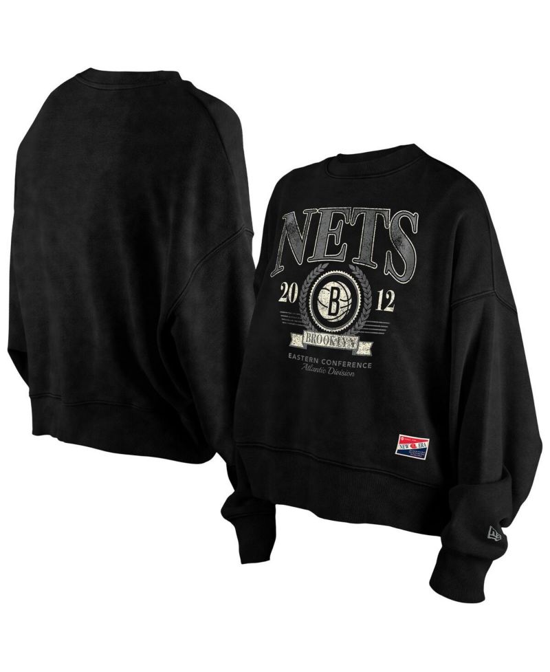 Women's Black Brooklyn Nets Throwback Enzyme Wash Oversized Boxy Pullover Sweatshirt
