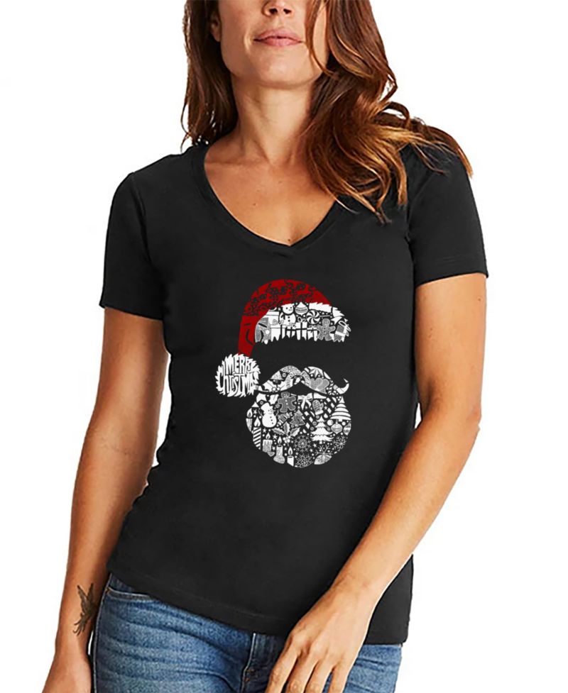 Women's Santa Pics Word Art V-Neck T-Shirt