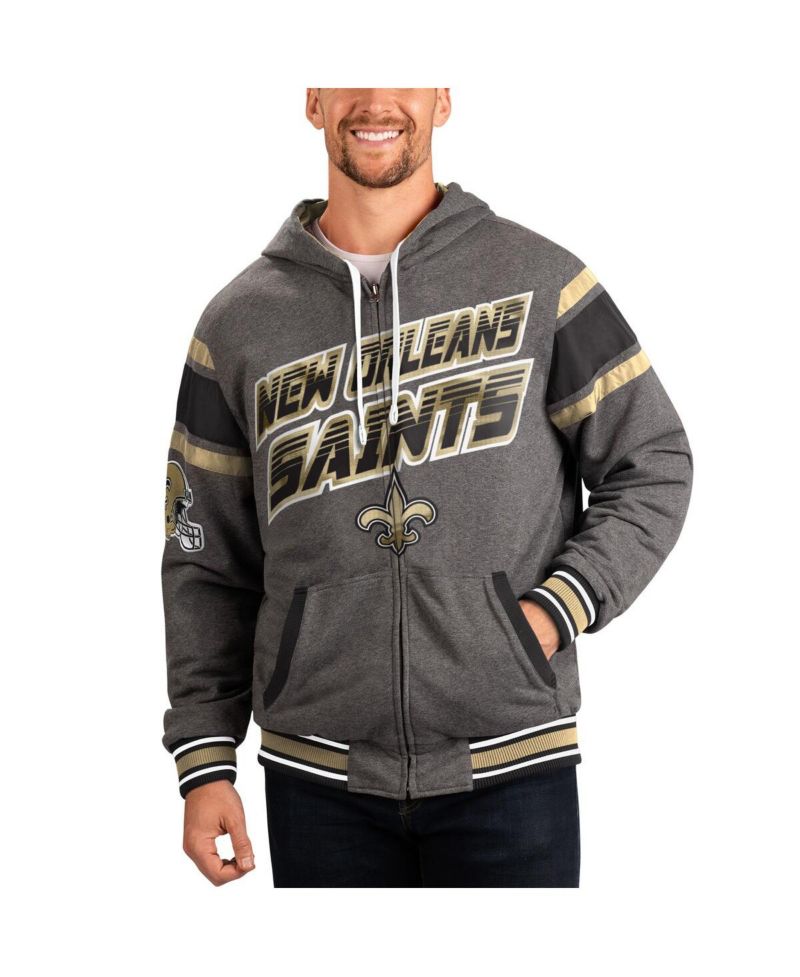 Men's Gray, Black New Orleans Saints Extreme Full Back Reversible Hoodie Full-Zip Jacket