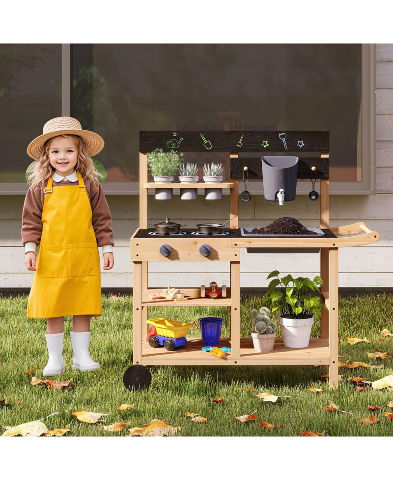 Mud Kitchen Fir Wood with Wheels Outdoor Play Kitchen with Planting Pots