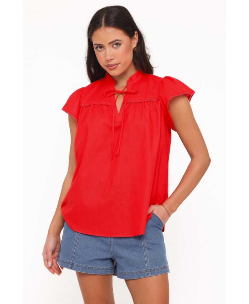 Women's Kylie Cotton-Linen Blend V-Neck Flutter-Sleeve Top