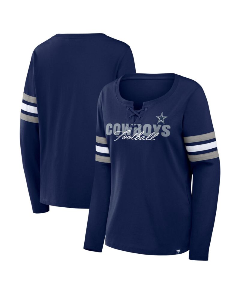 Women's Navy Dallas Cowboys Team First Coverage Scheme Lace-UpLong Sleeve T-Shirt