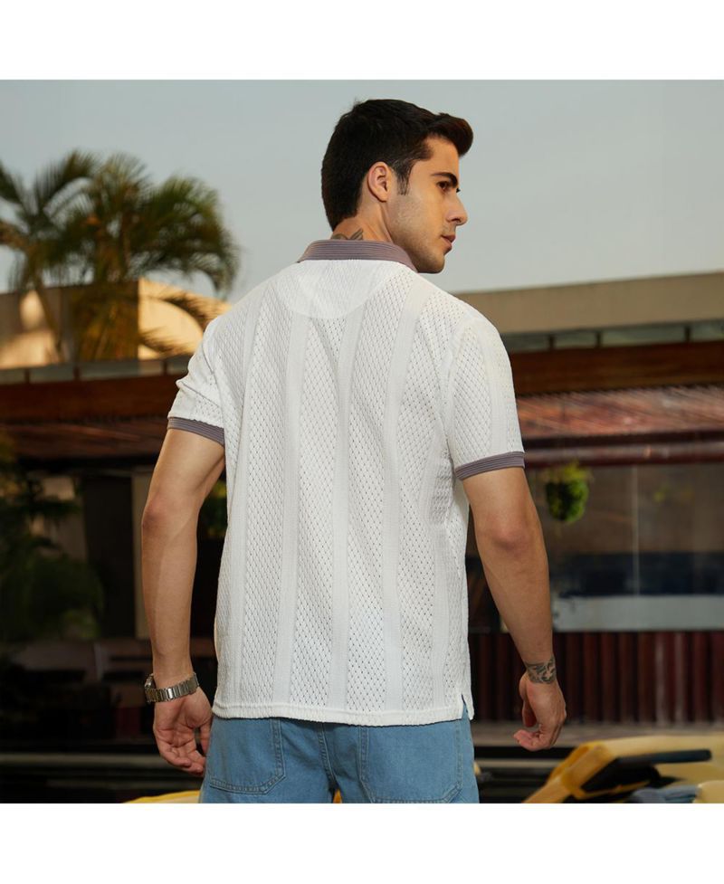 Men's Chalk White and Pastel Purple Contrast Open-Knit Polo T-Shirt