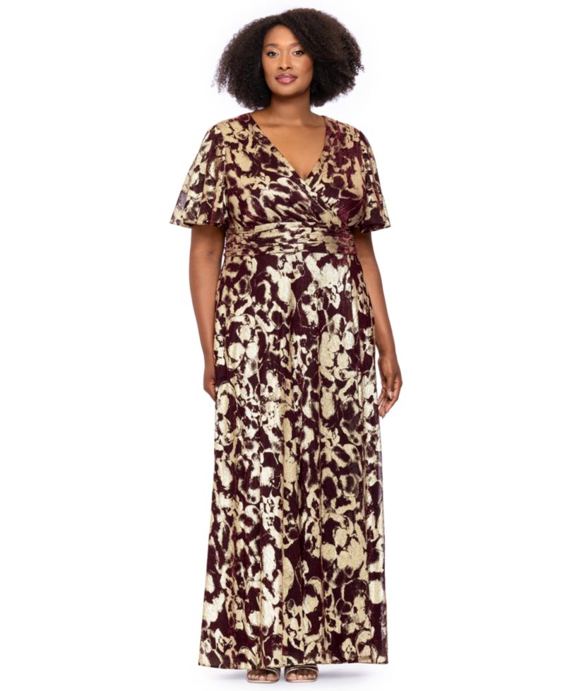 Plus Size Metallic Foil V-Neck Short-Sleeve Gown