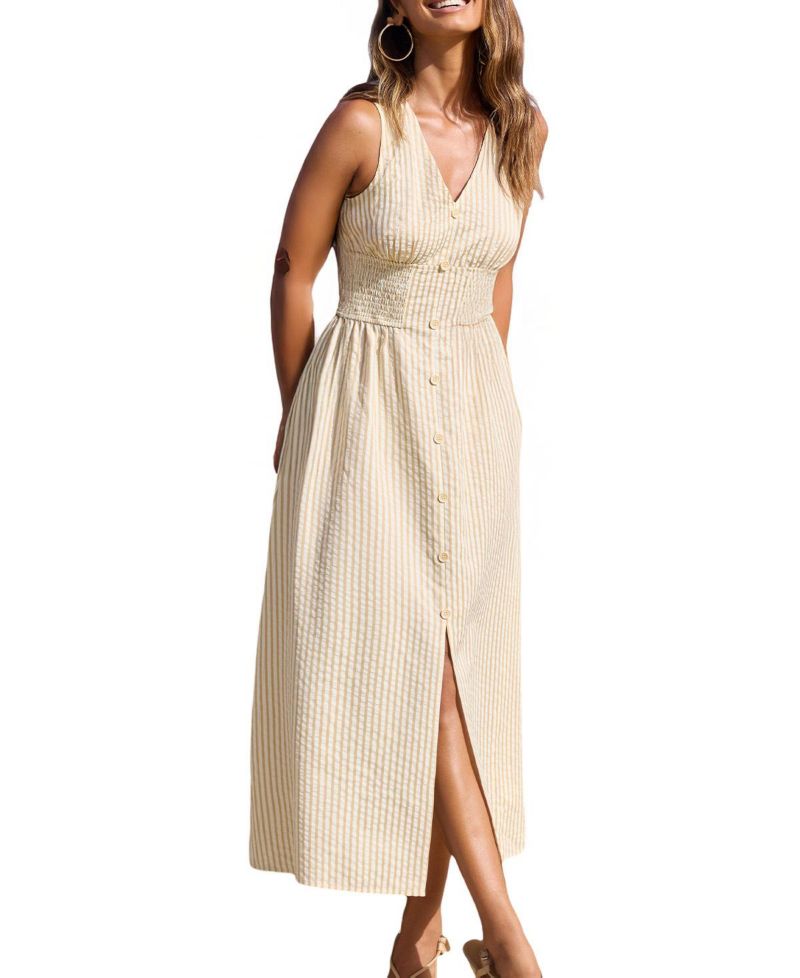Women's Time Will Tell Striped Smocked-Waist V-Neck Dress