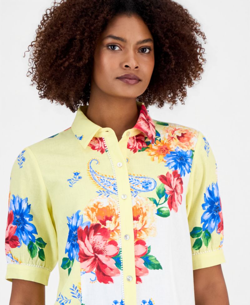 Women's Button-Front Puff-Sleeve Blouse