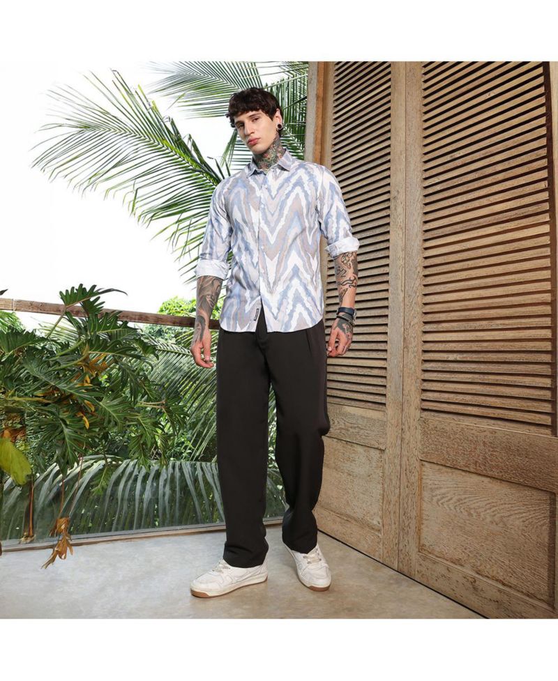 Men's Icy Blue:Cream White Pastel-Geometric Jacquard Shirt