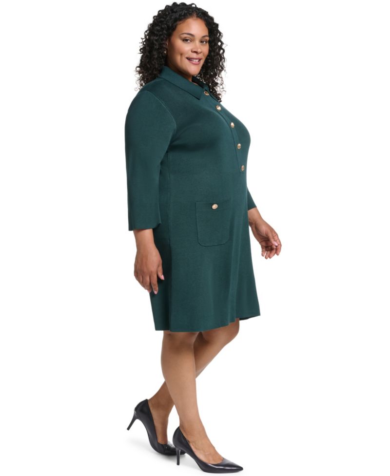 Plus Size Knit Button-Front Collared Sweater Dress