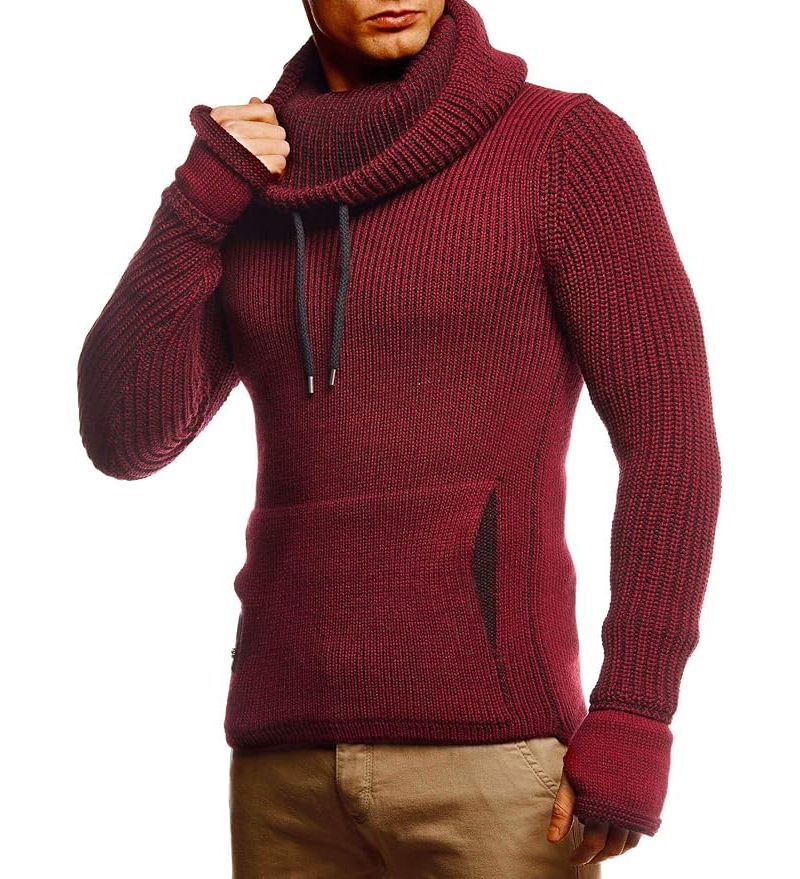 Men's Cowl Neck Knitted Pullover with Thumbhole Cuffs