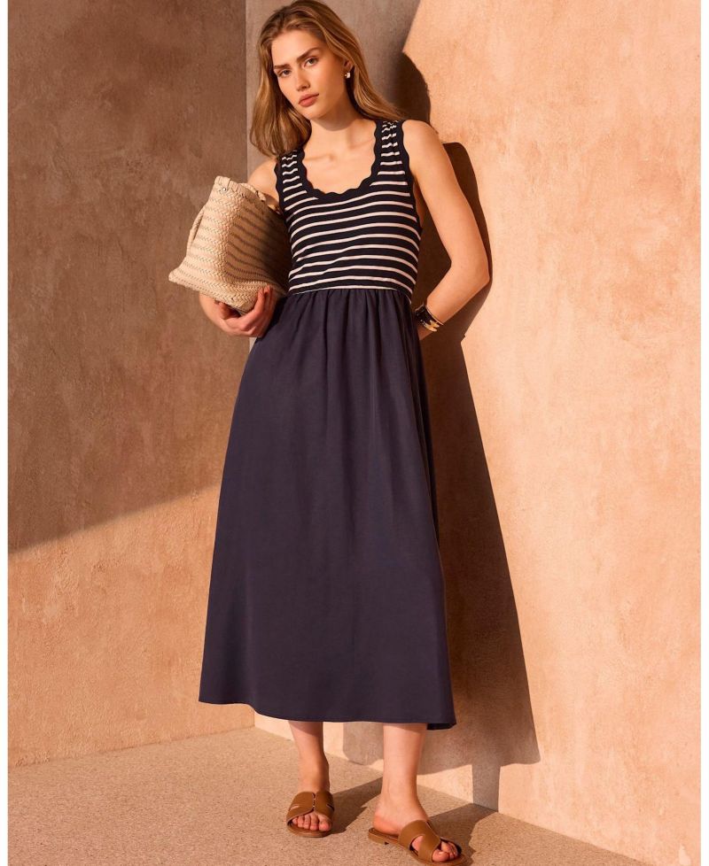Women's Striped Scallop Trim A-Line Dress