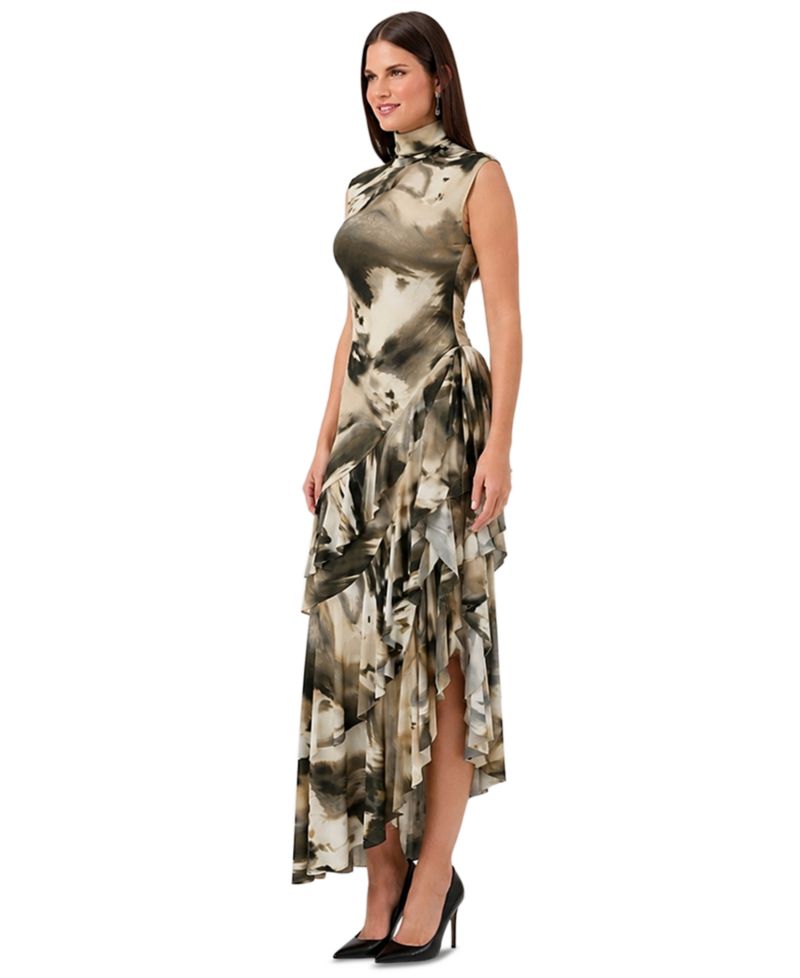 Women's Mock-Neck Asymmetrical-Ruffle Midi Dress