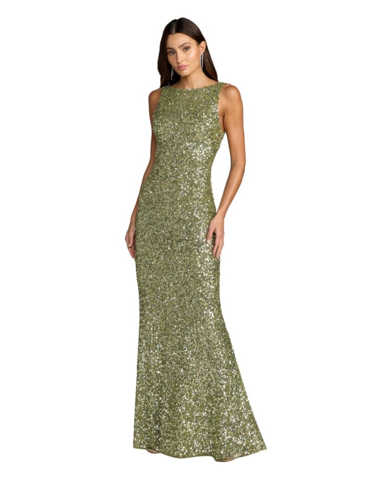 Petite High Neck Sequin Column Gown with Open Back