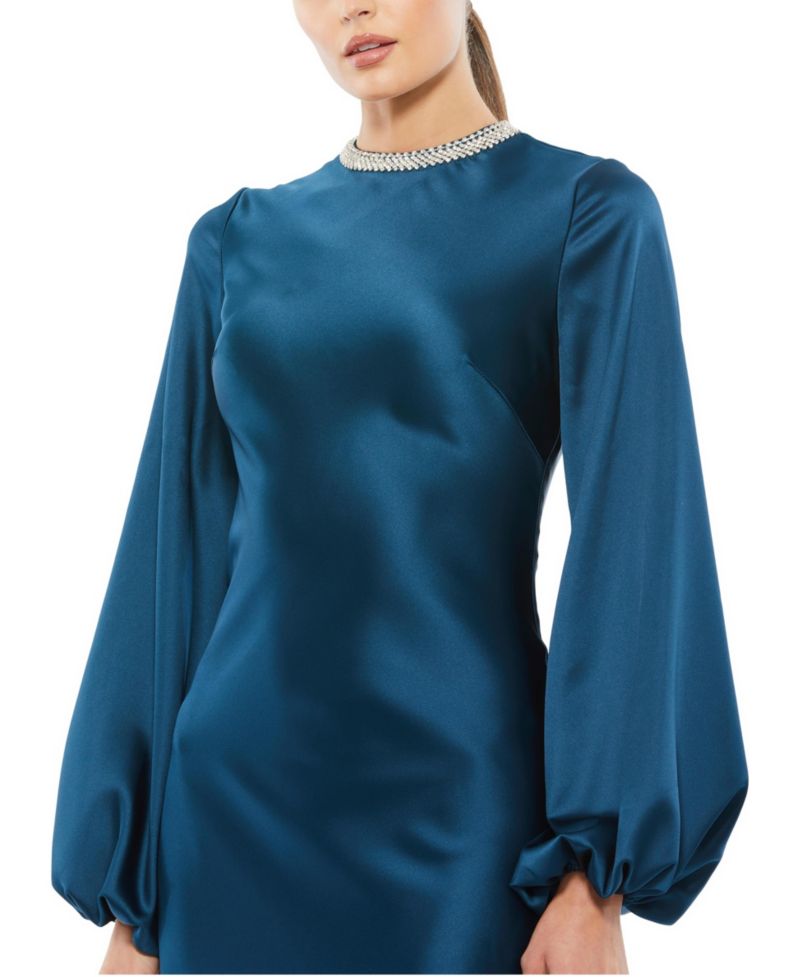 Petite Beaded High Neck Bishop Sleeve Satin Gown