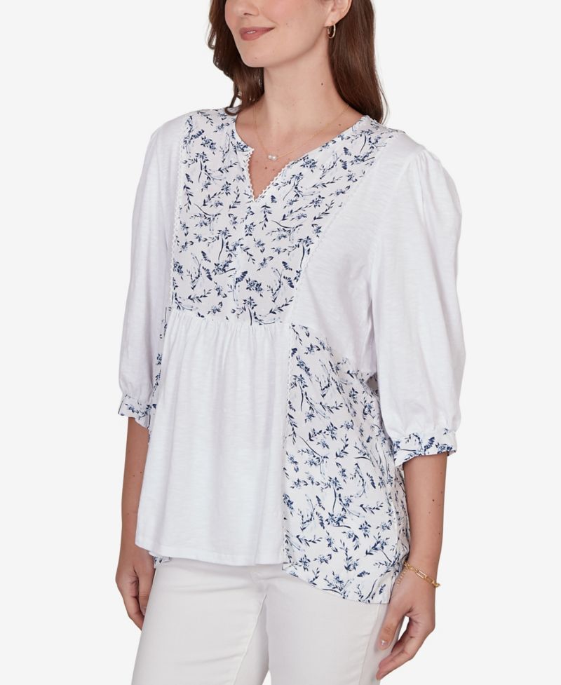 Petite Mixed Fabric Sharkbite Knit Top