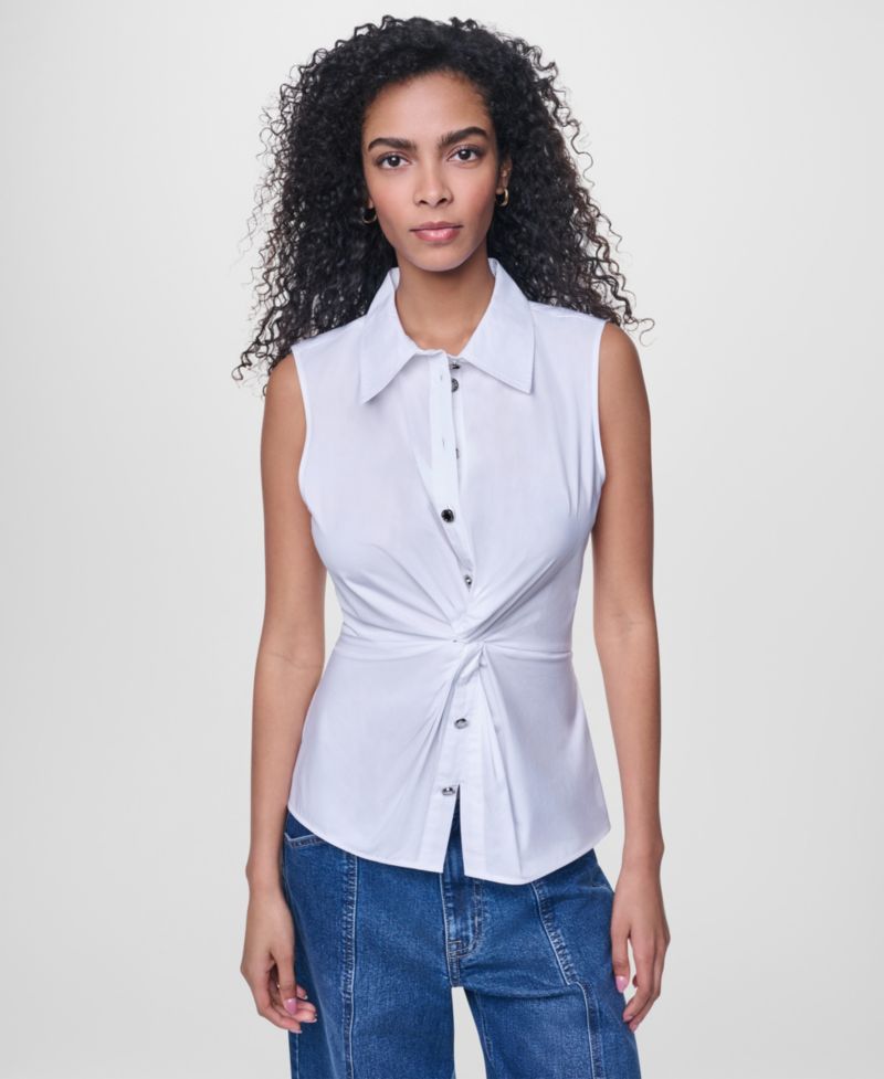 Women's Sleeveless Collared Twist Front Button-Up Shirt