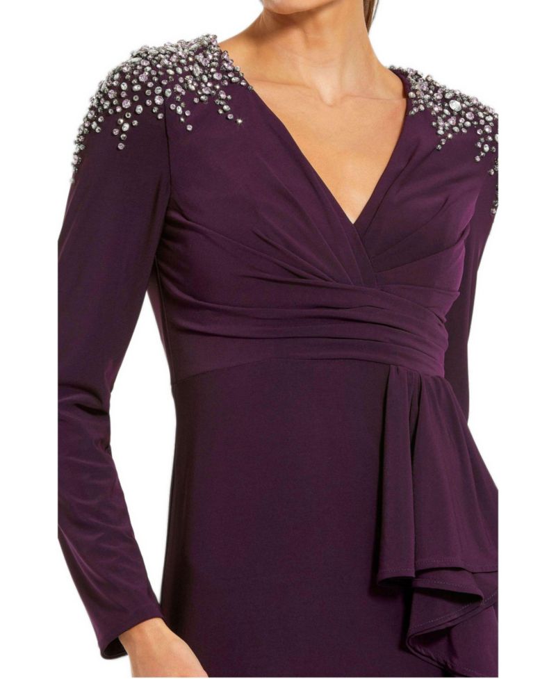 Women's Long Sleeve Gown with Cascading Ruffle and Rhinestone Shoulders