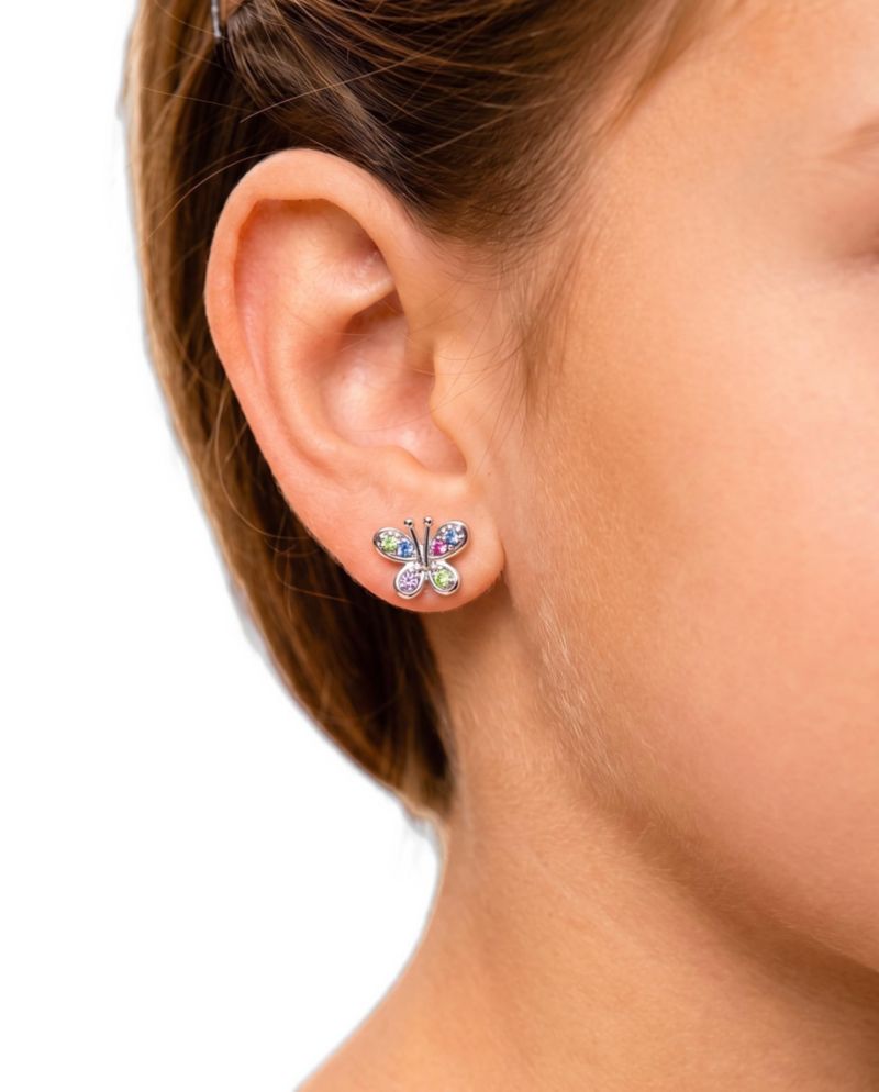 Girls Butterfly Mulit-color Crystal White Gold Rhodium Plated Screwstud Earring