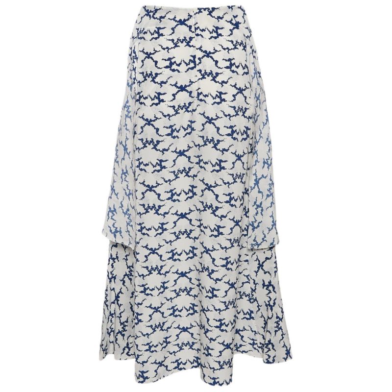 Women's White Printed Silk Layered Midi Skirt