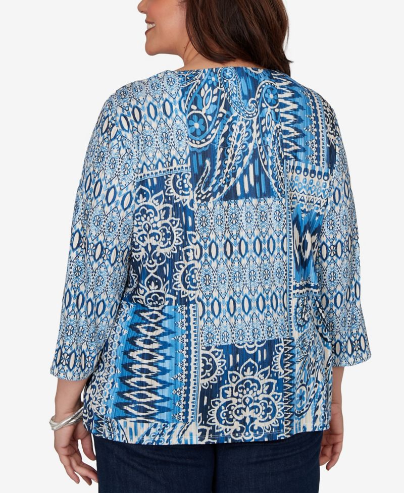 Plus Size Medallion Navy Patchwork Knit Top