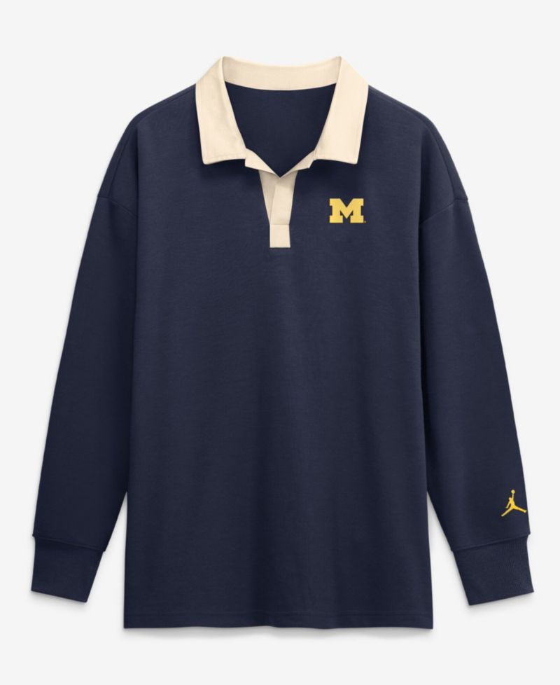 Women's Nike Navy Michigan Wolverines Oversized Essential Dri-FIT Long Sleeve V-Neck Polo Shirt