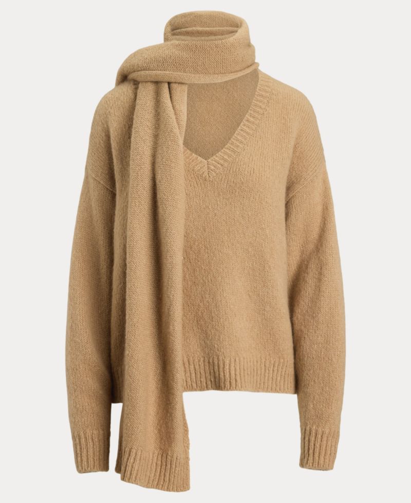 Women's Lofty Mohair Blend-Long Detachable Scarf V-Neck Sweater