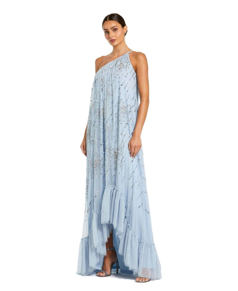 Women's Bow Embellished Mesh One Shoulder High Low Gown