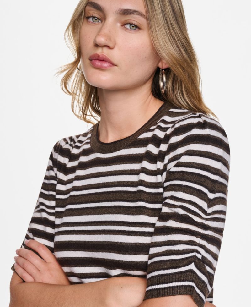 Women's Striped Puff-Sleeve Crewneck Sweater