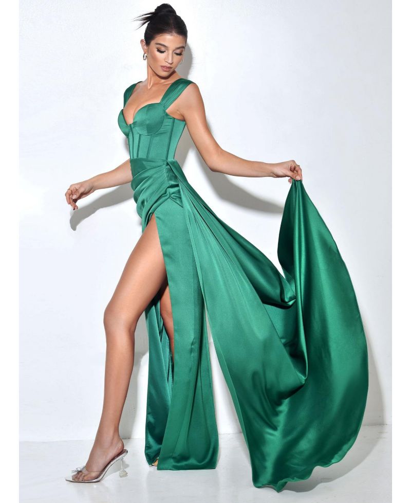 Women's Zayda Green High Slit Corset Satin Gown