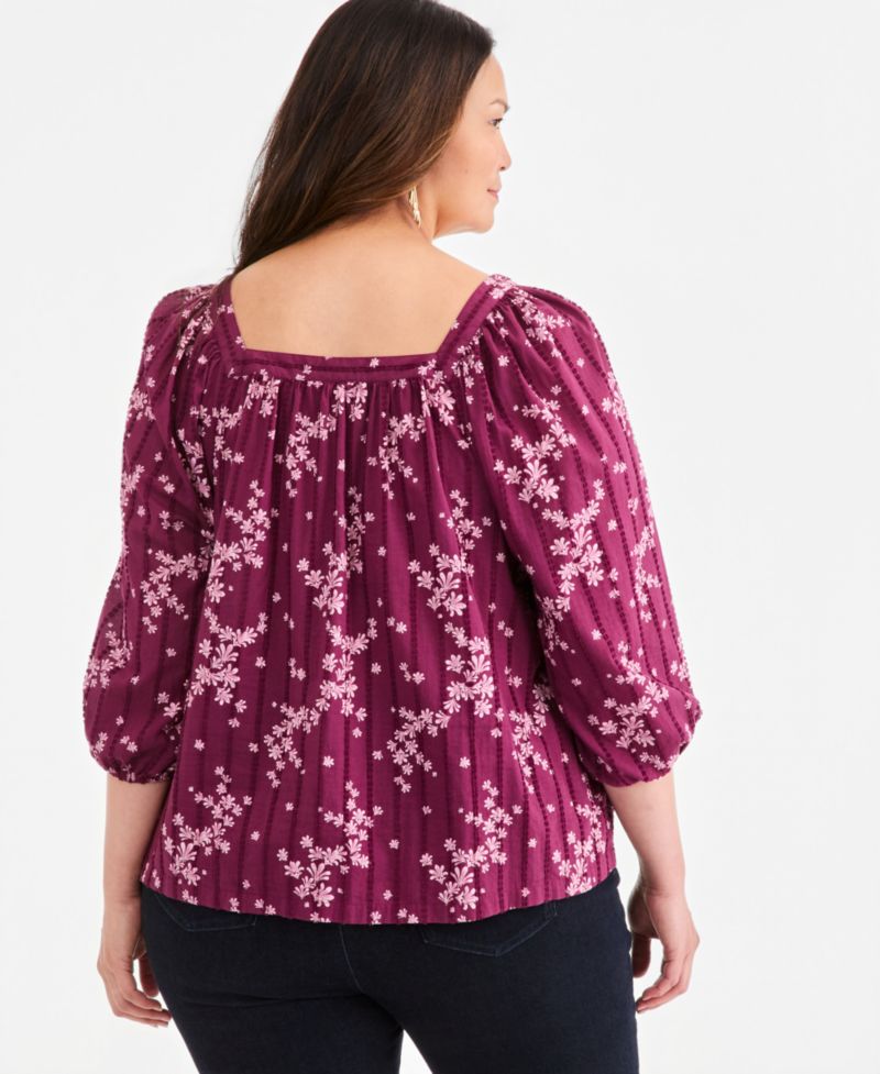 Plus Printed Square-Neck Cotton Top
