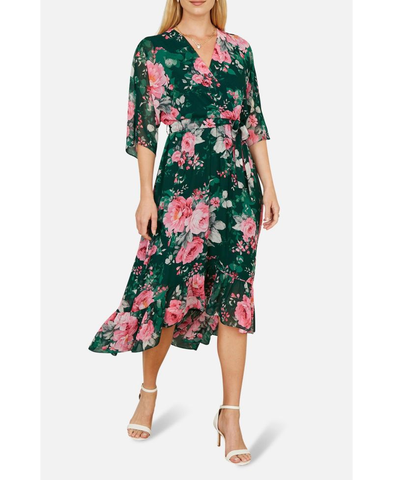 Women's Midi Dip Hem Wrap Midi Dress
