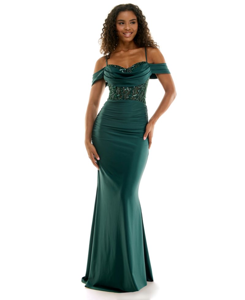 Juniors' Off-the-Shoulder Beaded Lace-up Back Gown