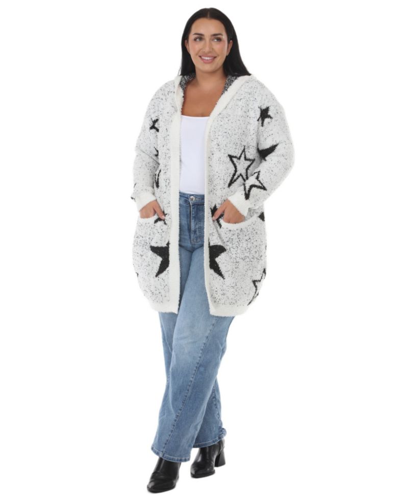 Plus Size Hooded Star-Print Sherpa Cardigan Sweater