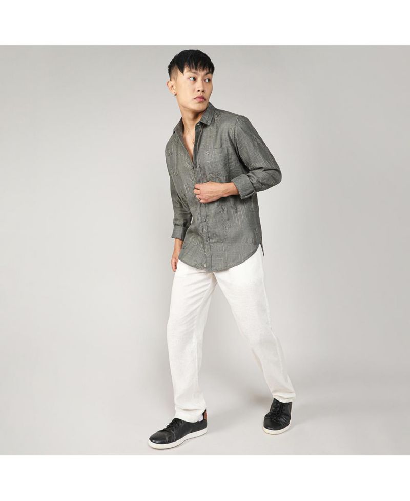 Men's Olive Green Embroidered One-Lined Shirt