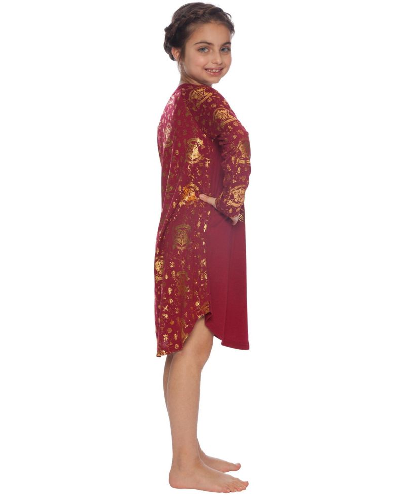 Big Girls Nightgown Hermione Gold Foil Hogwarts Castle Crest Long-Sleeve Pajama Lounge Sleepwear